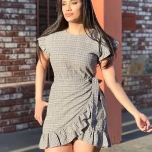 THML Black and White Plaid Ruffle Wrap Dress